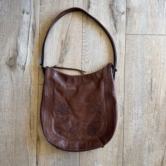 Frye Azariah Brown Floral Embroidered Leather Convertible Backpack Hobo Bag - Picture 7 of 16